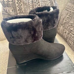 DKNY Black Faux Fur Wedge Boots